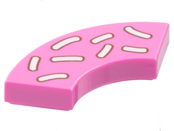 Pink LEGO 2x2 round corner macaroni tile with white sprinkles pattern.