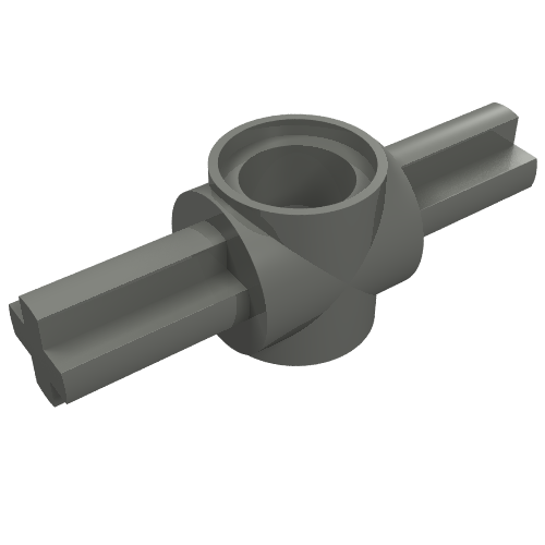 Grey LEGO Technic connector hub 27940 with a central opening and two rectangular axles on opposite sides, featuring curved details.