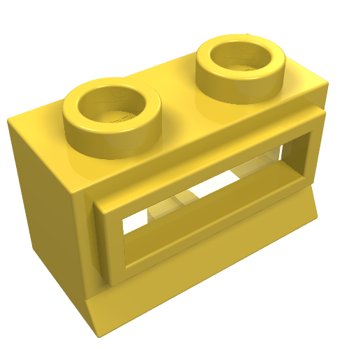 Yellow LEGO 1x2x1 window brick with two studs on top and a trans-clear glass pane.
