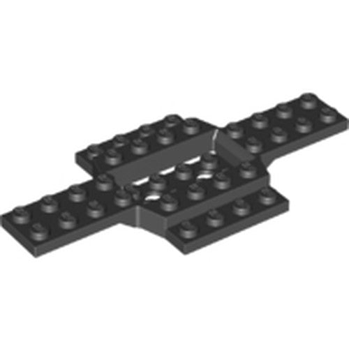 A black LEGO 28324 Vehicle, Base 6 x 12 with a 2 x 4 recessed center, featuring studs on its surface.