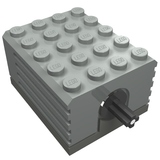 Gray LEGO 9V motor, part 2838c01, with black axle, dark gray base, and studs embossed with LEGO branding on top.