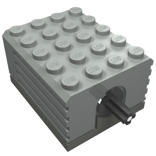 Gray LEGO 9V motor, part 2838c01, with black axle, dark gray base, and studs embossed with LEGO branding on top.