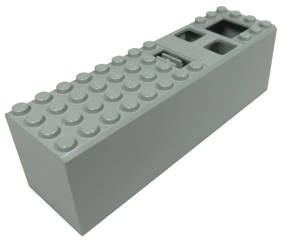 Light gray LEGO 2846 Electric 9V Battery Box 4 x 14 x 4 Cover, showing studs and open compartments on top.