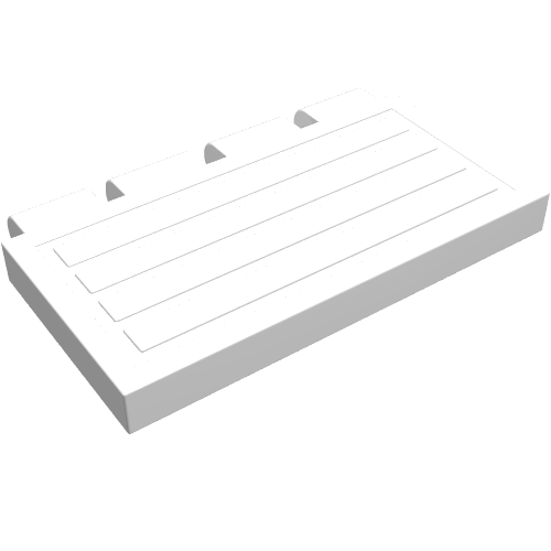 White LEGO 2873 Hinge Train Gate 2 x 4 plate, showing four parallel ridges and three curved hinge elements.