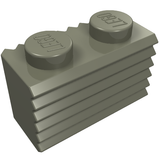 LEGO 2877 modified 1x2 brick with two studs, a serrated edge, and horizontal grooves on one long side.