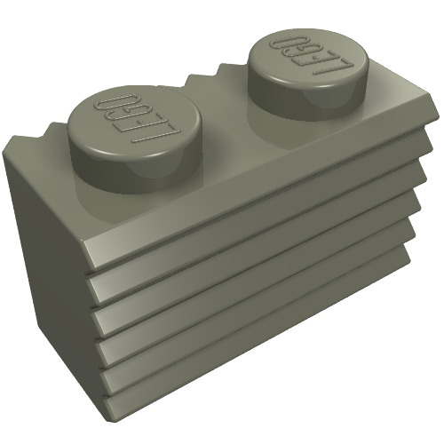 LEGO 2877 modified 1x2 brick with two studs, a serrated edge, and horizontal grooves on one long side.