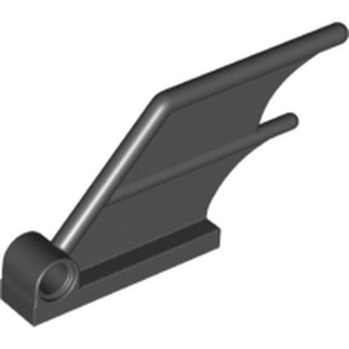 Dark gray LEGO Tail 4 x 1 with Pin Hole part, featuring a sleek fin-like design and a circular connector at one end.