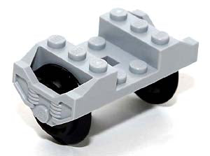 Light gray LEGO train wheel base with two black wheels and studs on top, viewed from an angle.