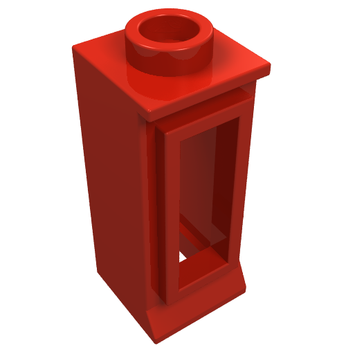 Red LEGO 1x1x2 window frame, part 29, with a single stud on top, shown at an angle on a white background.