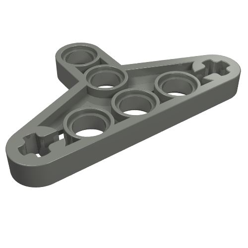 Grey LEGO Technic liftarm, Modified Triangle Thin 3 x 5 with Full Supports (part 2905), angled view on white.