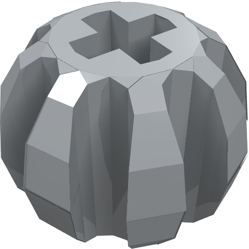 Grey LEGO Technic Ball with Grooves (Part 2907) with a cross axle hole. The part has a faceted, spherical design.