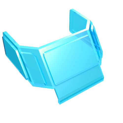 A translucent light blue LEGO part, the 'Glass for Train Front Sloping Top' (part 2918), with multiple angled panels and a sleek design.