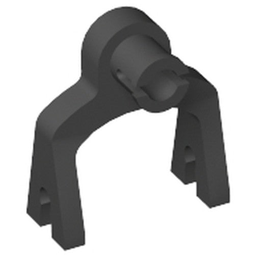 A dark grey LEGO train coupling piece, part 2920, featuring a fork shape with a cylindrical top and connection holes.