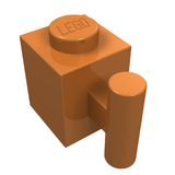 Orange LEGO 2921 brick, Modified 1 x 1 with Bar Handle, featuring a top stud with LEGO logo and a side bar.