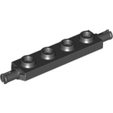 Black LEGO 1x4 modified plate with four studs on top and wheel/axle holders on each end.