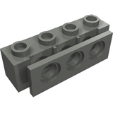 A grey LEGO Technic Brick 1 x 4 with Bumper Holder, showing studs on top and circular holes on the side.