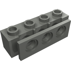 A grey LEGO Technic Brick 1 x 4 with Bumper Holder, showing studs on top and circular holes on the side.