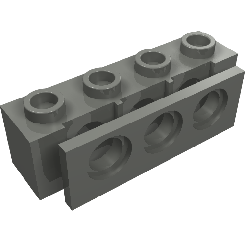 A grey LEGO Technic Brick 1 x 4 with Bumper Holder, showing studs on top and circular holes on the side.