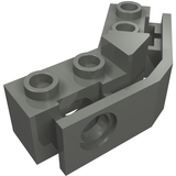 Dark gray LEGO Technic Brick 1x2 - 1x2 Angled with Bumper Holder, showing top studs and side pin holes.