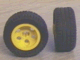 Two LEGO wheels: one face-on with yellow rim and black tire, one profile-on showing black tire tread.