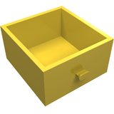 A yellow LEGO Homemaker Cupboard 4x4x4 Drawer, an open box with a handle on the front.