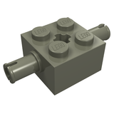 Dark gray LEGO 2x2 brick special with 4 studs, a central axle hole, and 2 Technic pins extending from opposite sides.