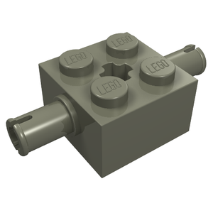 Dark gray LEGO 2x2 brick special with 4 studs, a central axle hole, and 2 Technic pins extending from opposite sides.
