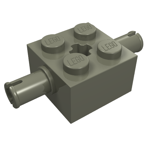 Dark gray LEGO 2x2 brick special with 4 studs, a central axle hole, and 2 Technic pins extending from opposite sides.