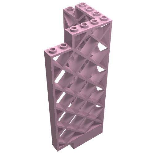A light pink LEGO Belville Wall, Lattice 6 x 6 x 12 Corner piece with studs on top and a diagonal grid pattern.