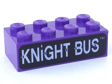 A purple LEGO 2x4 brick with 'KNIGHT BUS' and sparkles printed in white on a black background.