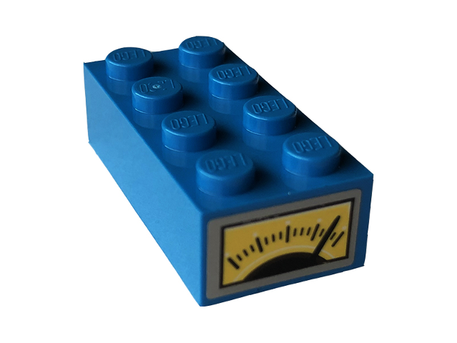 Blue LEGO 2x4 brick 3001pb151 with a gauge and needle pattern sticker on one end.