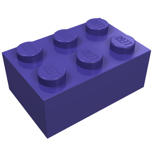 A single purple LEGO 2x3 brick is shown from a slight angle, with the LEGO logo embossed on each of its six studs.
