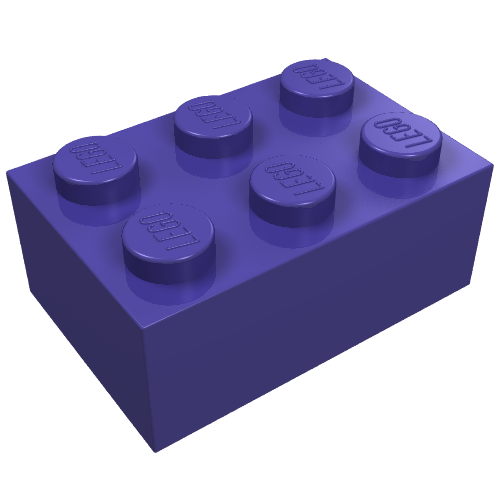 A single purple LEGO 2x3 brick is shown from a slight angle, with the LEGO logo embossed on each of its six studs.