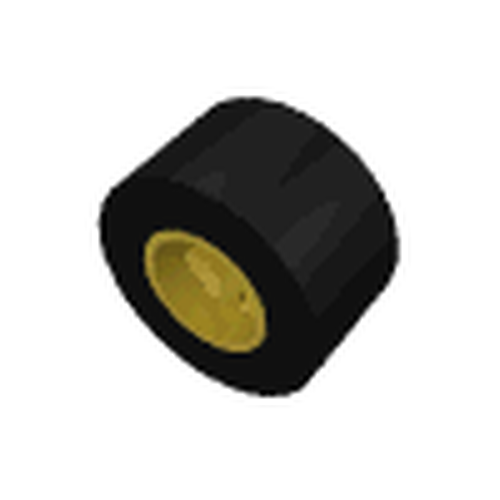 Black LEGO wheel with gold hub, 8mm D. x 9mm, smooth small wide slick tire, round hole for holder pin.