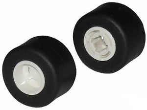 Two black LEGO 30027bc01 slick wheels with white hubs, notched for holder pin.