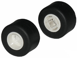 Two black LEGO 30027bc01 slick wheels with white hubs, notched for holder pin.