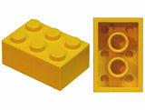 A yellow LEGO Brick 2x3 (3002old) shown from top and bottom, featuring studs and two hollow tubes, no cross supports.