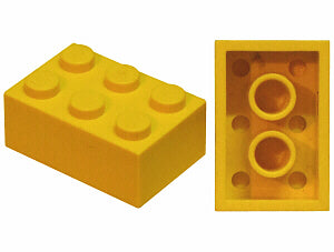 A yellow LEGO Brick 2x3 (3002old) shown from top and bottom, featuring studs and two hollow tubes, no cross supports.