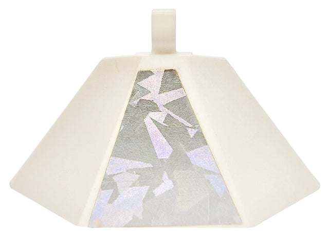 Light beige LEGO hexagonal panel 3x5 with bent sides and clip, featuring a holographic trapezoid pattern sticker on one face.