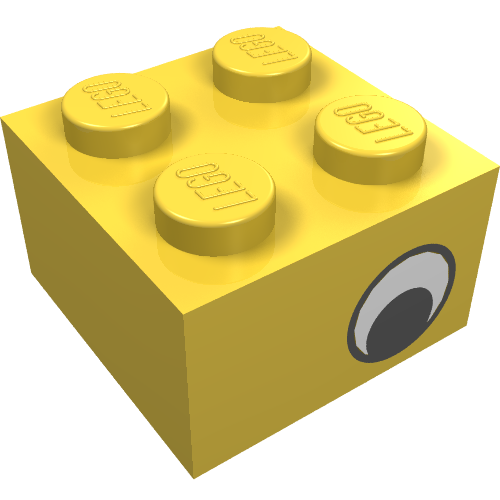 Yellow LEGO 2x2 brick with a black and white eye pattern on one side.