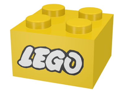 A yellow 2x2 LEGO brick with four studs on top, featuring the white LEGO logo with a black outline on its side.