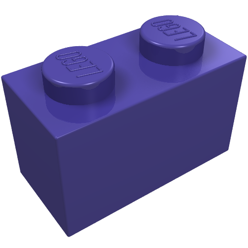 A single purple LEGO 1x2 brick with two studs, each embossed with the LEGO logo, on a white background.