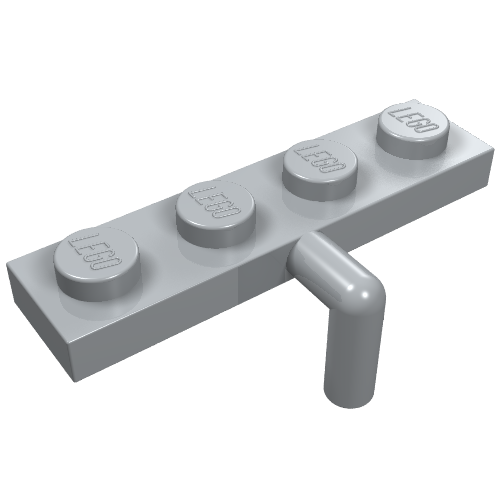 Light grey LEGO 1x4 modified plate with four studs on top and a bar arm extending downwards.