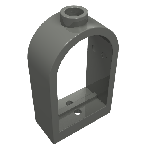 A dark gray LEGO 30044 Window 1 x 2 x 2 2/3 with a rounded top, featuring an open archway and a stud on top.