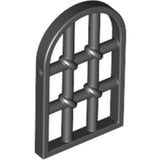 Dark gray LEGO window pane with rounded top and three vertical bars crossed by two horizontal twisted bars.