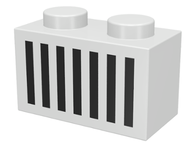 White LEGO 3004p06 1x2 brick with black grille and 7 vertical lines pattern.