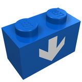 Blue LEGO 1x2 brick with two studs, embossed 'LEGO' text, and a white down arrow pattern on its side.