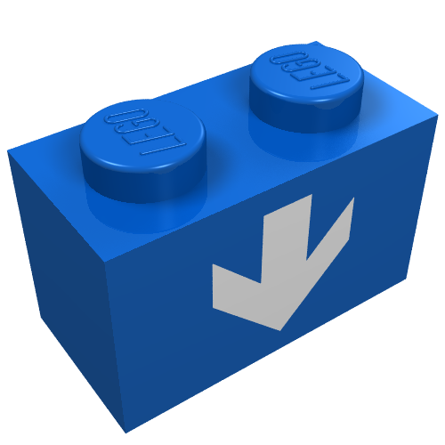 Blue LEGO 1x2 brick with two studs, embossed 'LEGO' text, and a white down arrow pattern on its side.