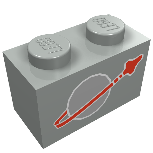 Light gray LEGO 1x2 brick with classic red and gray Space logo featuring a planet and rocket on its side.
