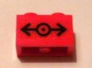 Red LEGO 1x2 brick with a black train logo featuring a centered dot, flanked by left and right arrows.